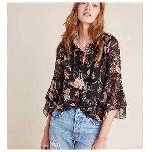 MAEVE • Odette‎ Bird Floral Bell 3/4 Sleeve Peasant Shirt Sz XS